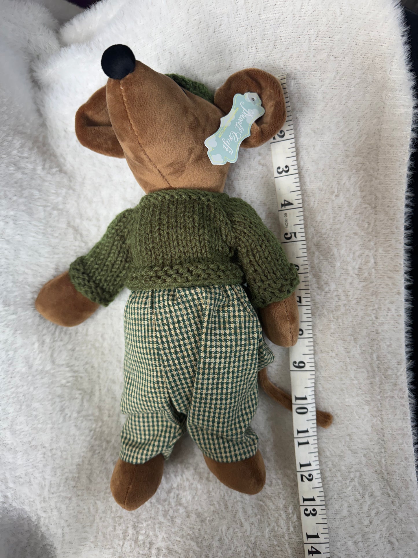 Powell Craft - Brown Mouse Soft Toy in Green Knitted Outfit – 30cm