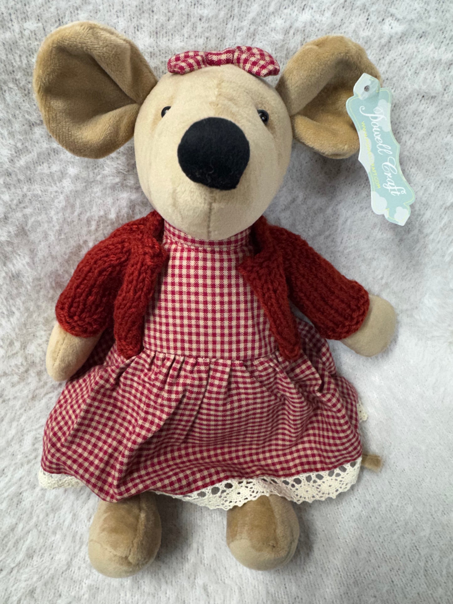 Powell Craft Large Velvet Mouse in Red Gingham Dress & Hand-Knitted Cardigan – 30cm