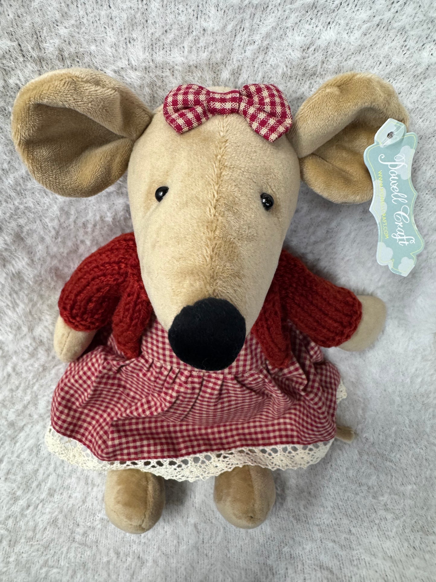 Powell Craft Large Velvet Mouse in Red Gingham Dress & Hand-Knitted Cardigan – 30cm