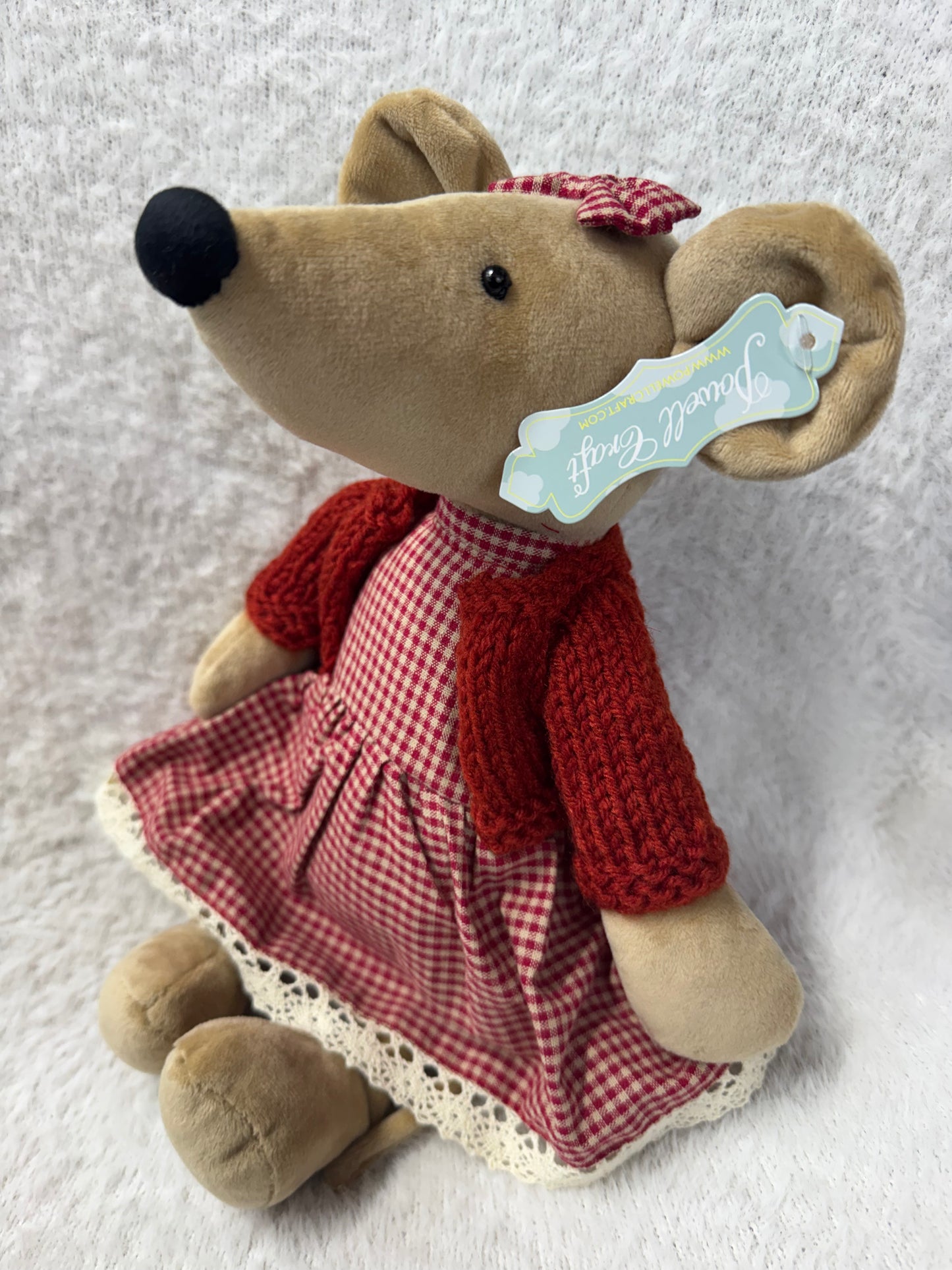 Powell Craft Large Velvet Mouse in Red Gingham Dress & Hand-Knitted Cardigan – 30cm