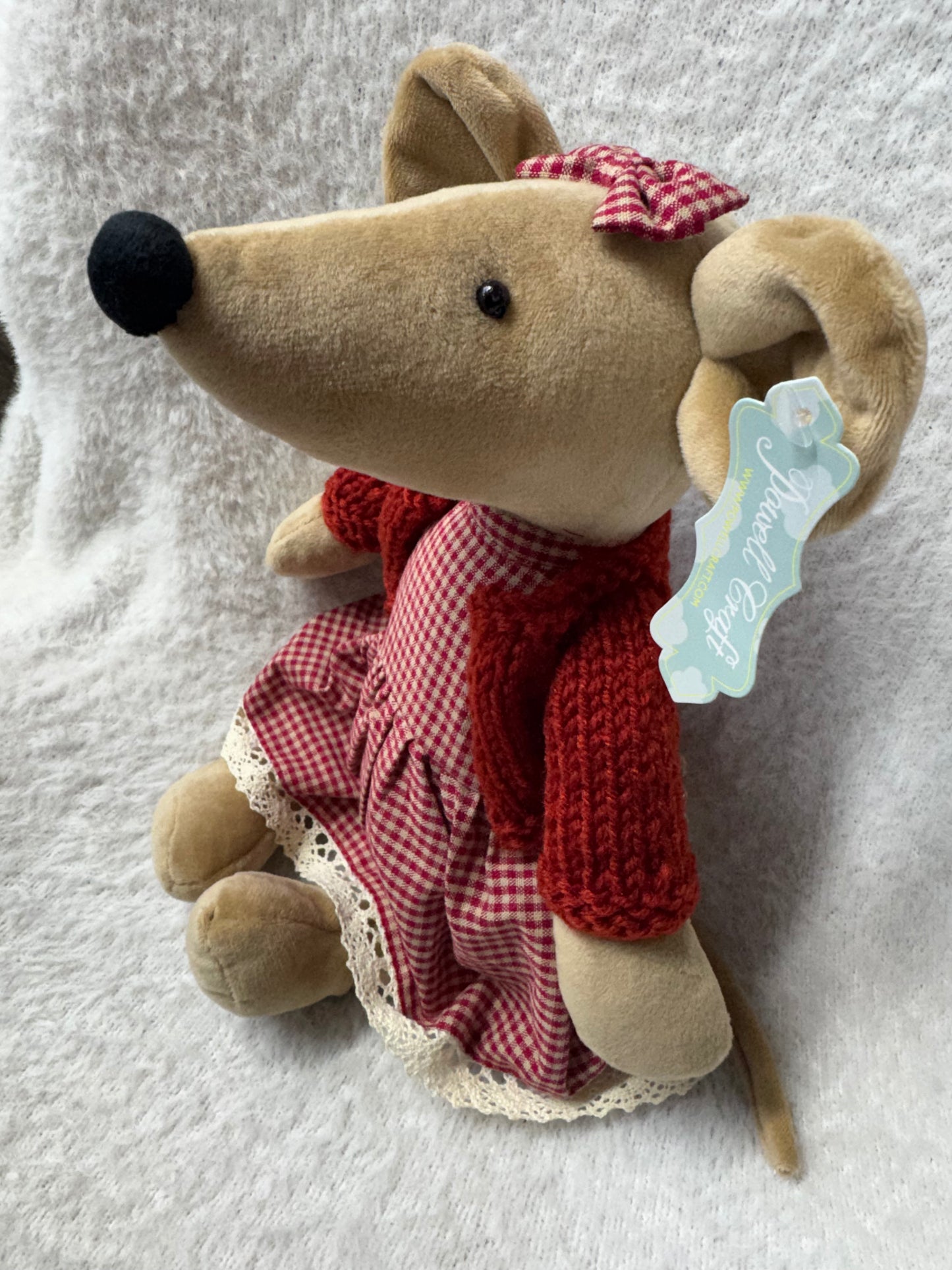 Powell Craft Large Velvet Mouse in Red Gingham Dress & Hand-Knitted Cardigan – 30cm