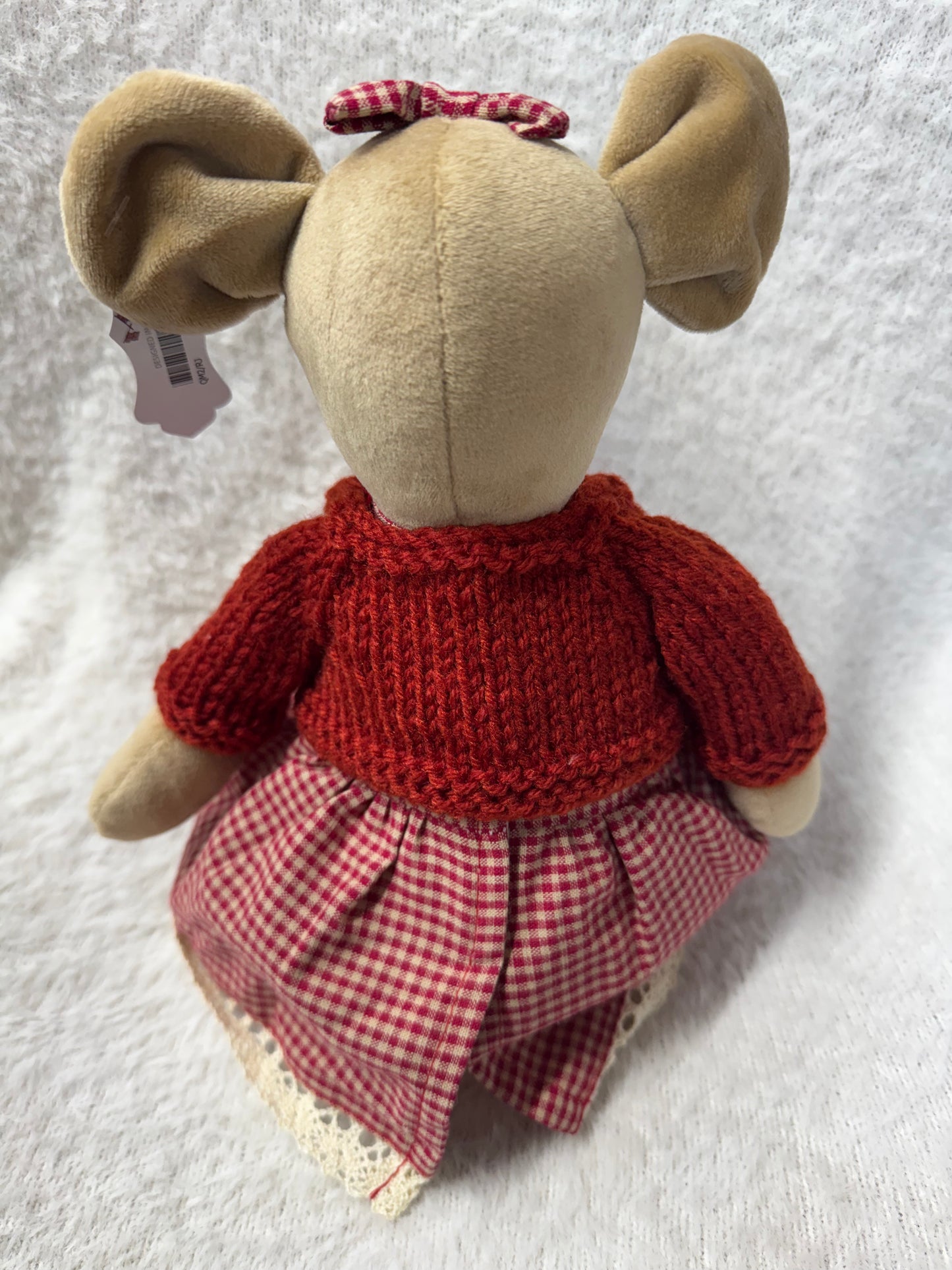 Powell Craft Large Velvet Mouse in Red Gingham Dress & Hand-Knitted Cardigan – 30cm