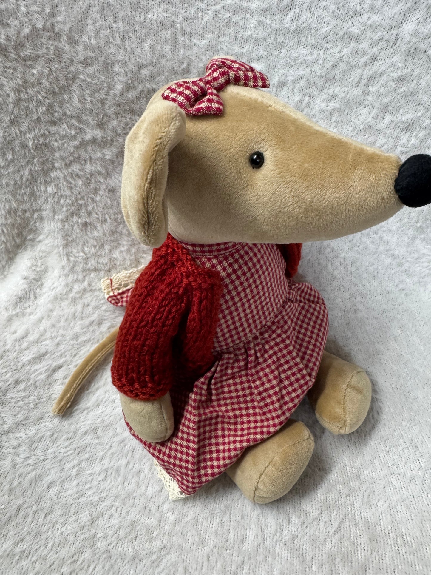 Powell Craft Large Velvet Mouse in Red Gingham Dress & Hand-Knitted Cardigan – 30cm