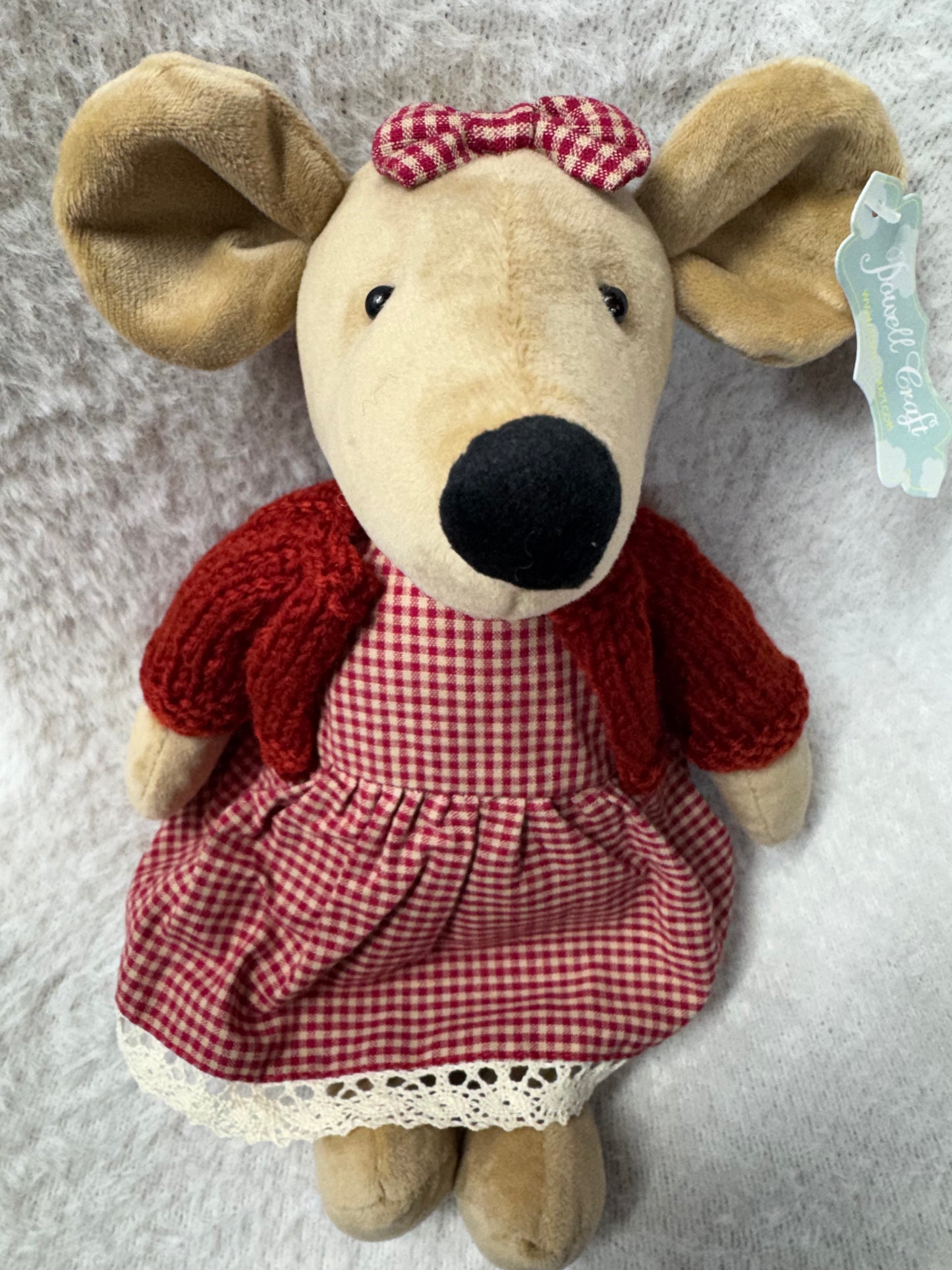 Powell Craft Large Velvet Mouse in Red Gingham Dress & Hand-Knitted Cardigan – 30cm