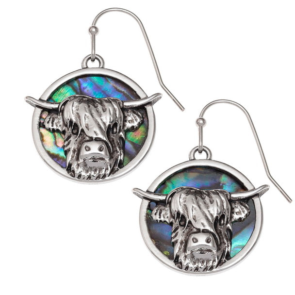 Paua Shell Highland Cow Hook Earrings