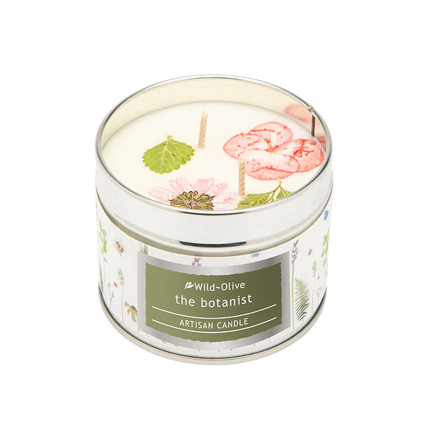 The Botanist Artisan Candle tin with pressed flowers - Wild Olive