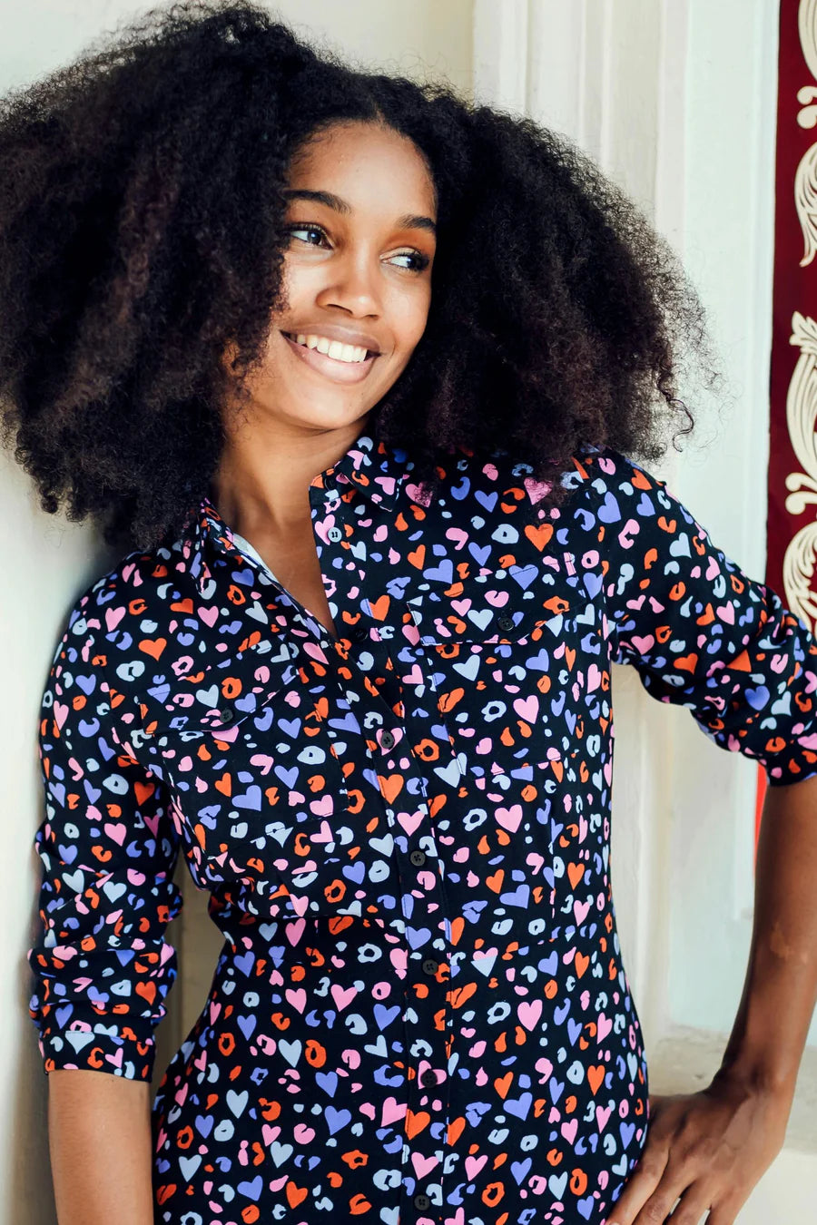 Paola Midi Shirt Dress Black/Multi Leopard Love