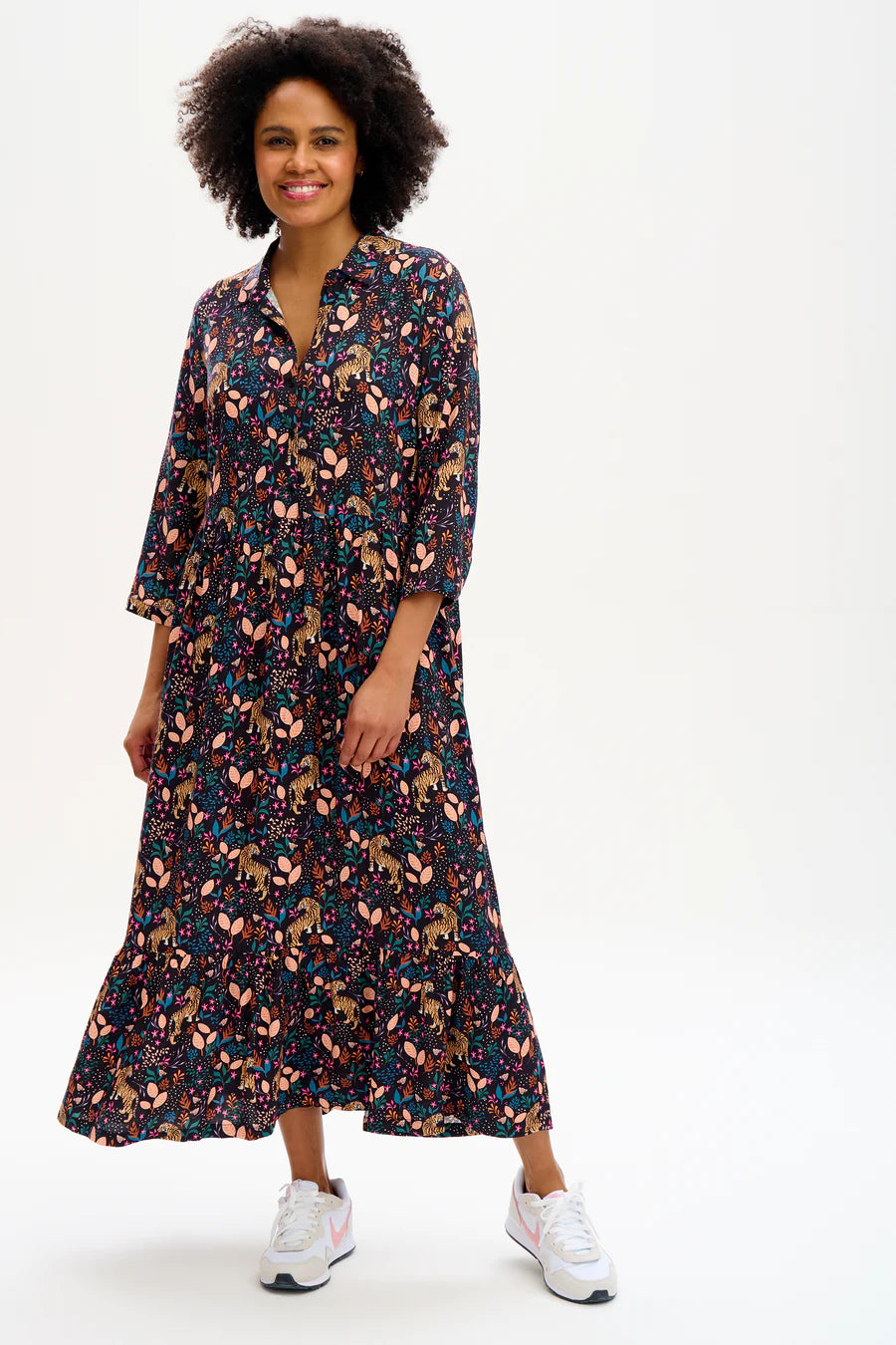 Caroline Maxi Shirt Smock Dress. Black Multi Jungle Tigers