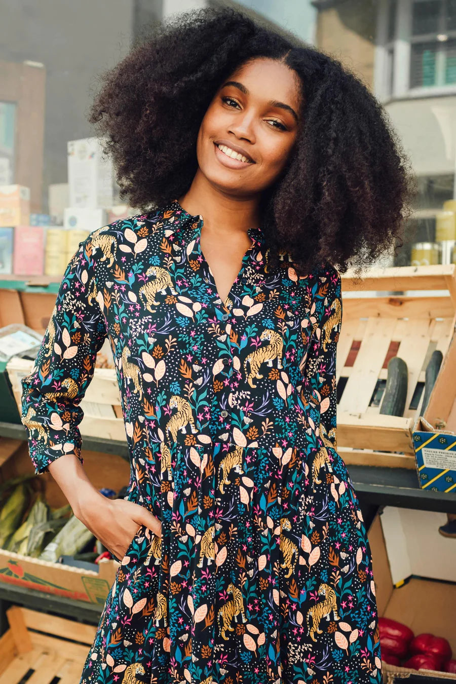 Caroline Maxi Shirt Smock Dress. Black Multi Jungle Tigers