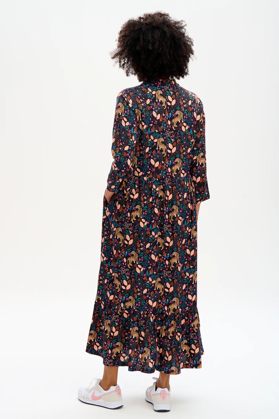 Caroline Maxi Shirt Smock Dress. Black Multi Jungle Tigers