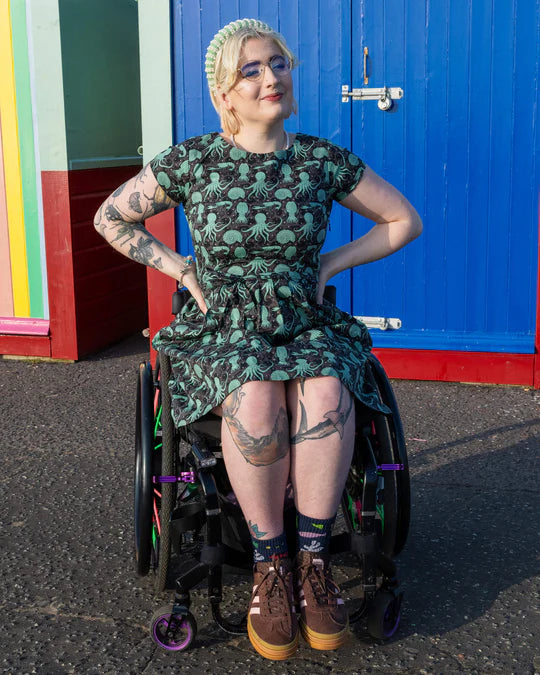 Green Seas Stretch Belted Tea Dress With Pockets