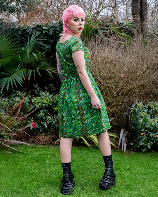 Camo Dino Stretch Belted Tea Dress With Pockets