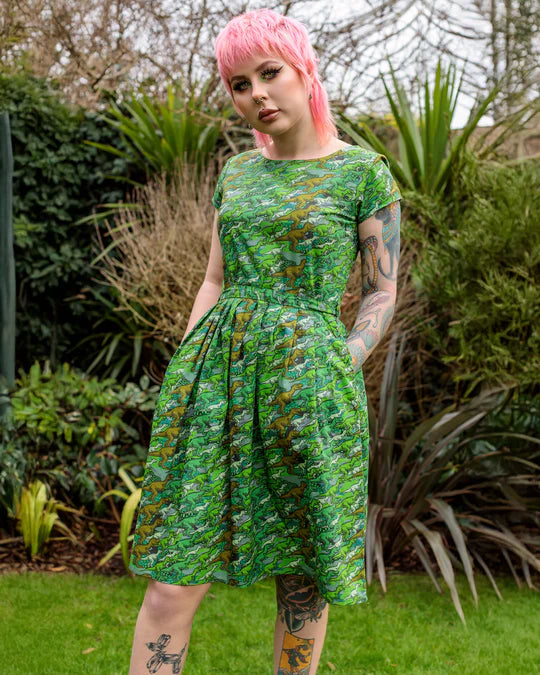 Camo Dino Stretch Belted Tea Dress With Pockets