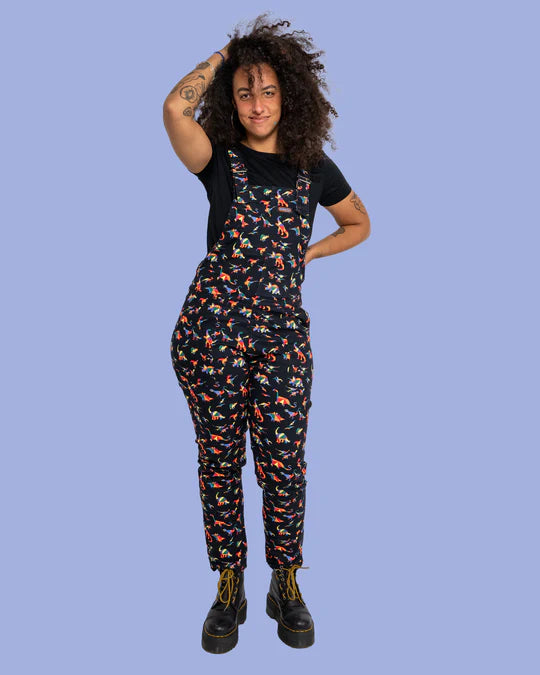 Black Rainbow Dinosaur Stretch Twill Dungarees