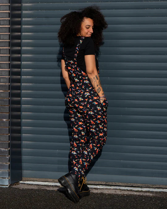 Black Rainbow Dinosaur Stretch Twill Dungarees