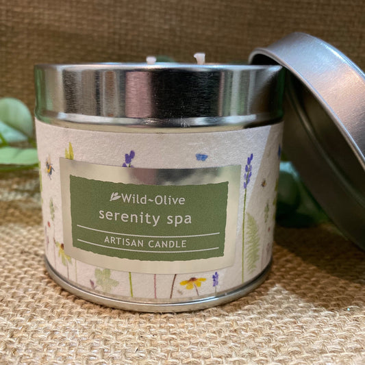 Serenity Spa Artisan Candle tin with pressed flowers - Wild Olive