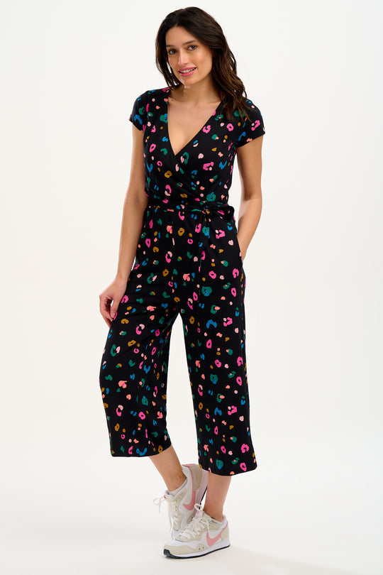 Katrina Cropped Jersey Jumpsuit - Black, Paintbox Leopard