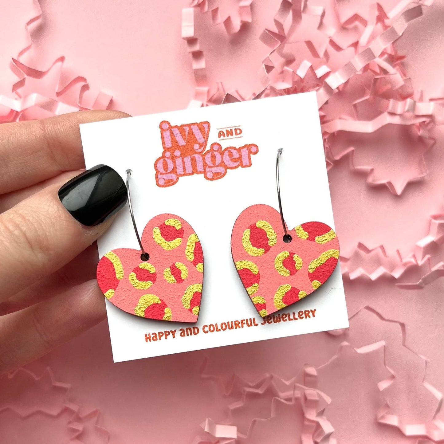 Ivy & Ginger - Red, pink and gold leopard print heart hoop earrings