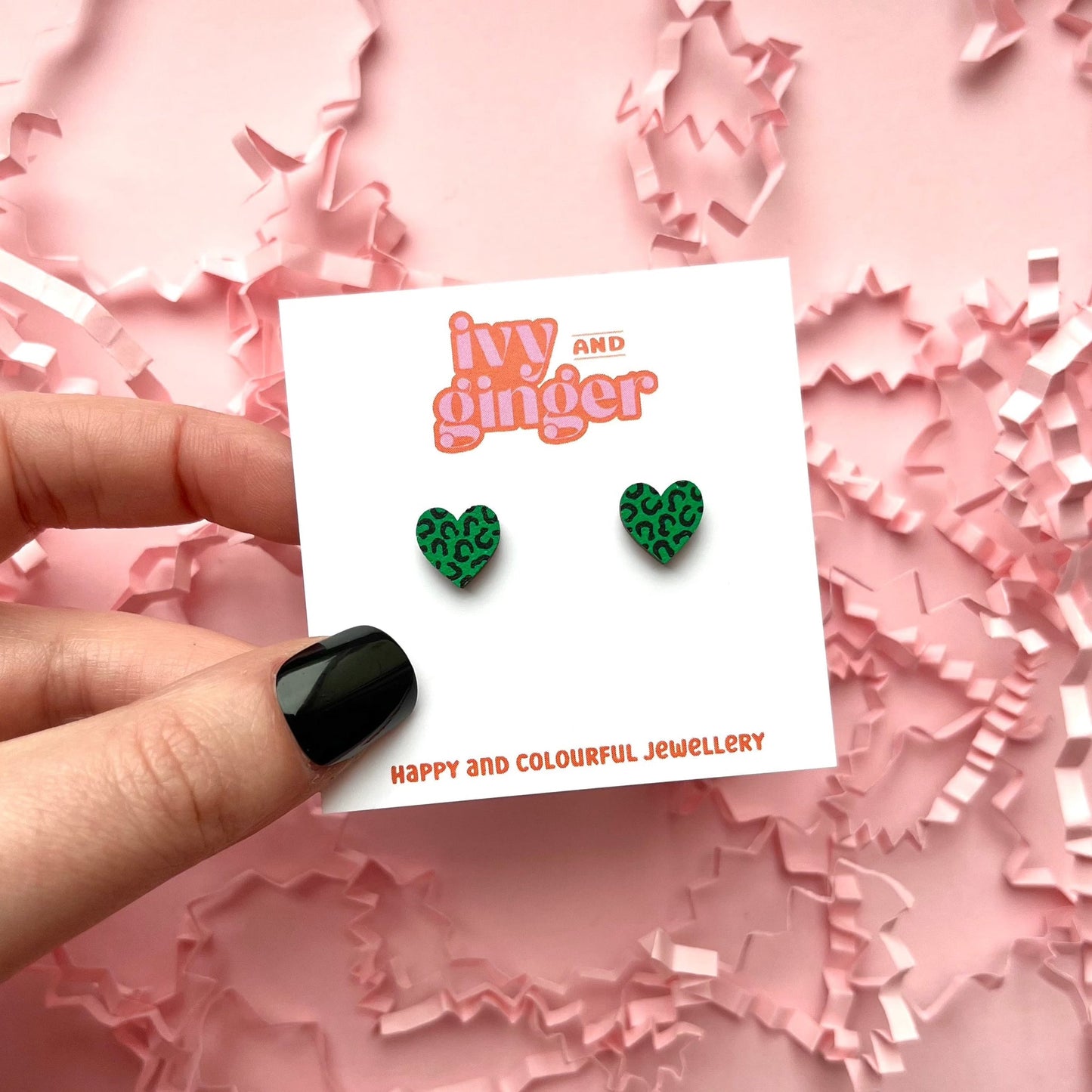 Ivy & Ginger -Mini green and black leopard print heart stud earrings