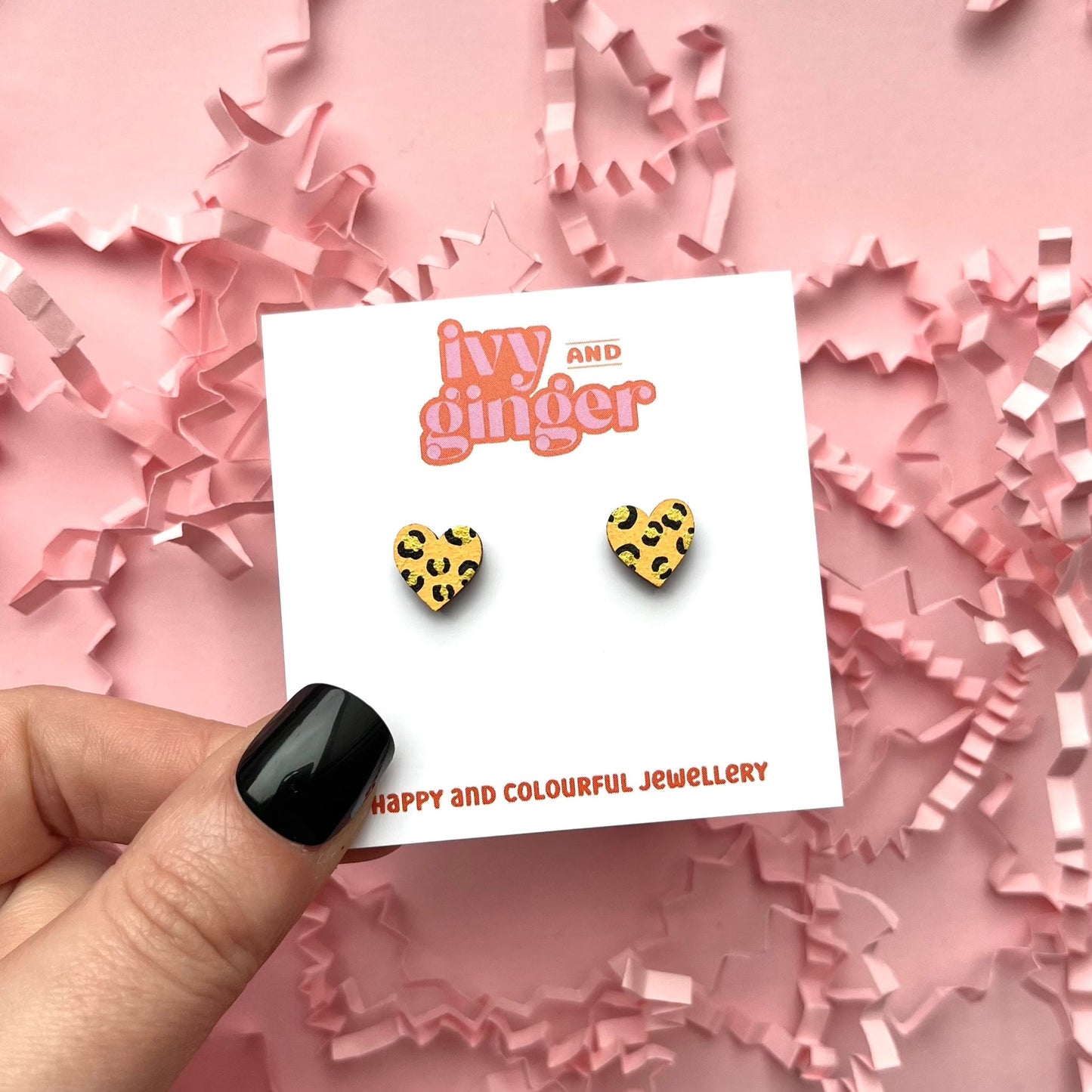 Ivy & Ginger - Mini leopard print heart orange and gold stud earrings