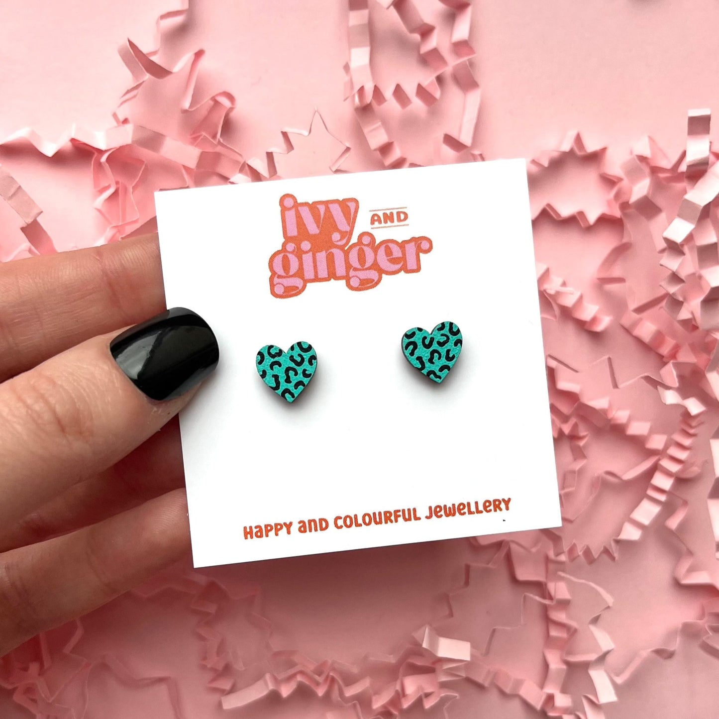 Ivy & Ginger - Mini teal and black leopard print heart stud earrings