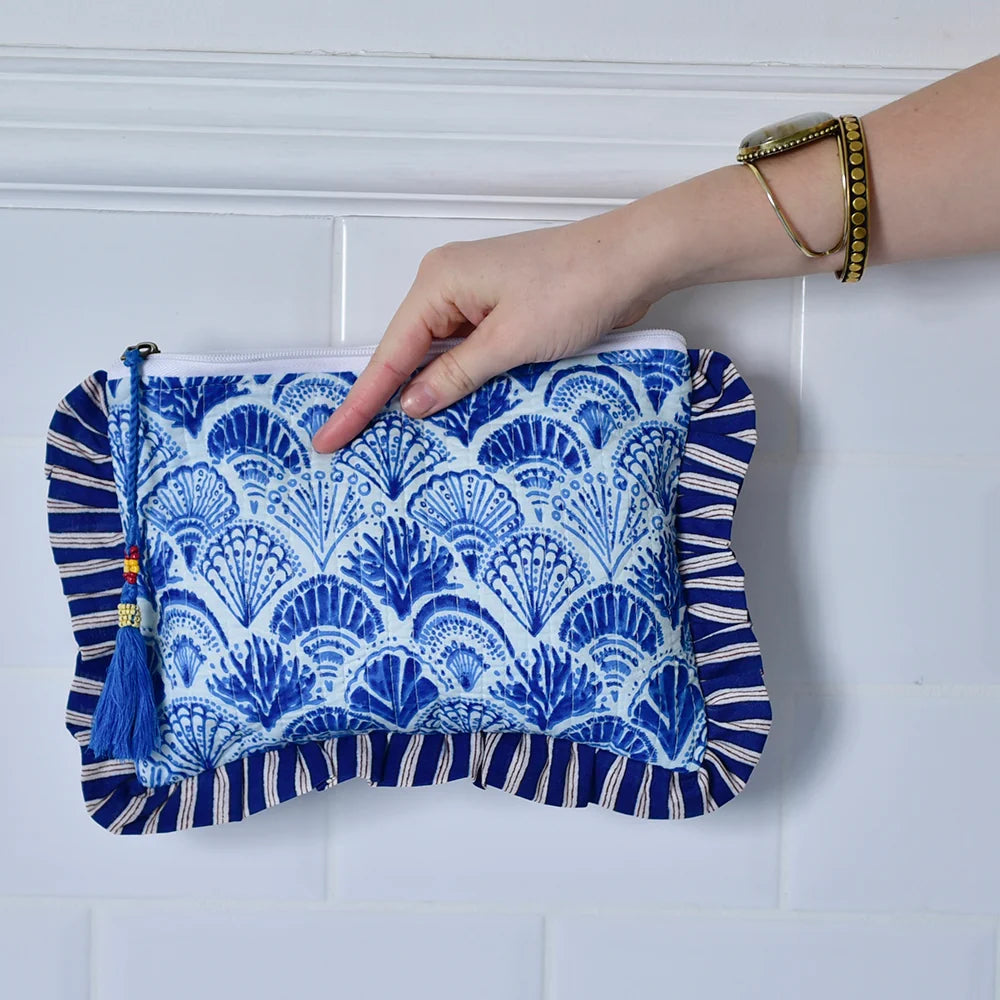 Powell Craft - Blue & White stripe Seashell Quilted Make up Bag