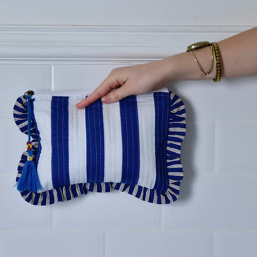 Powell Craft - Blue & White stripe Seashell Quilted Make up Bag