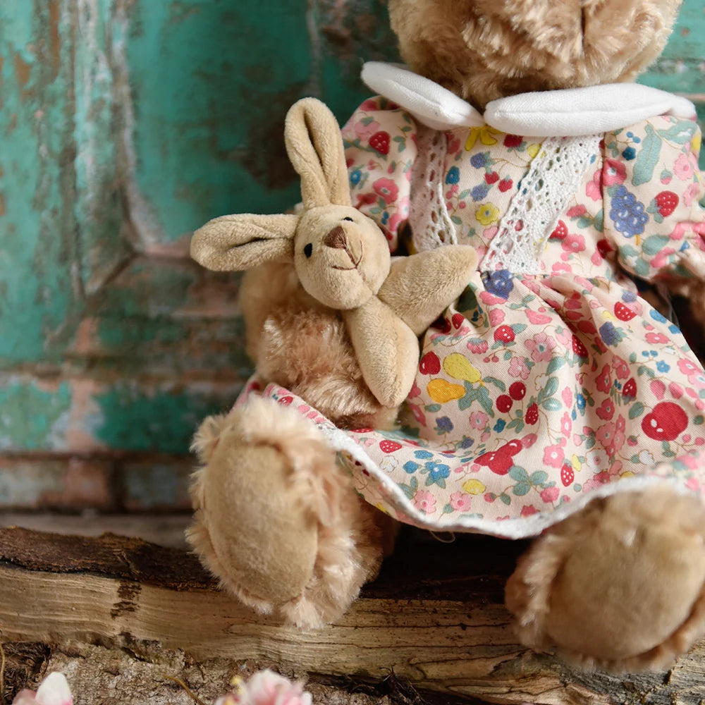 Rabbit Teddy Dressed in Floral Fruit Print Dress Holding Baby Rabbit