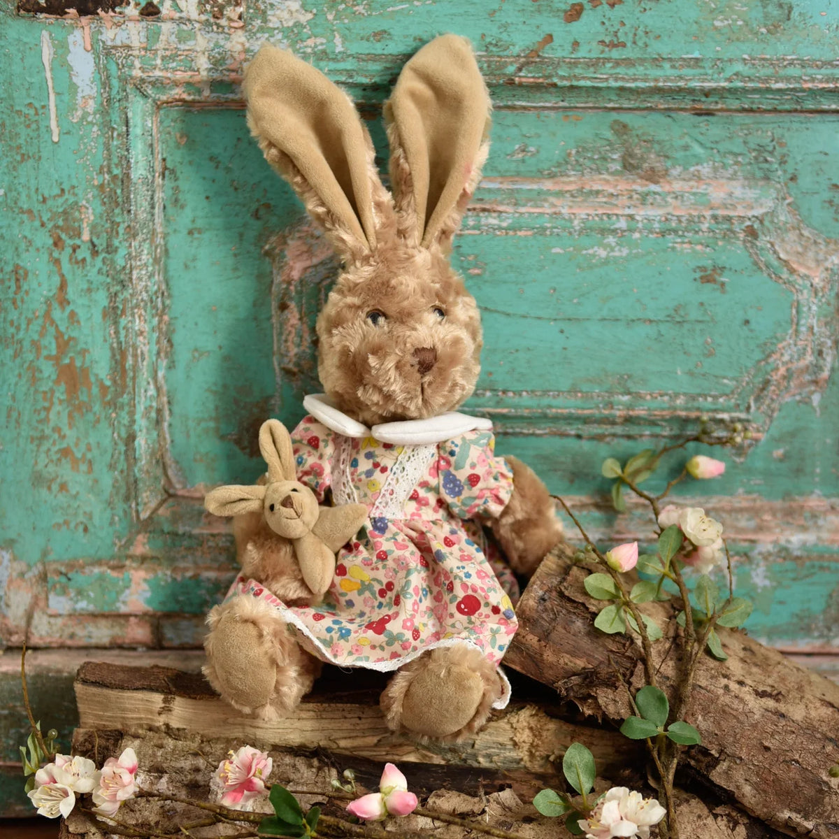 Rabbit Teddy Dressed in Floral Fruit Print Dress Holding Baby Rabbit