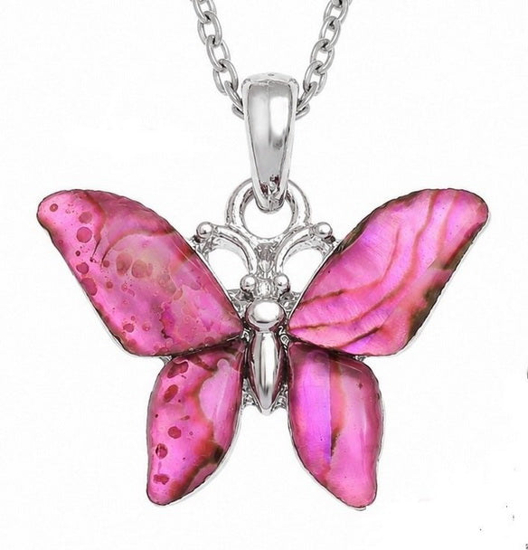 Paua Shell - Pink Butterfly Necklace