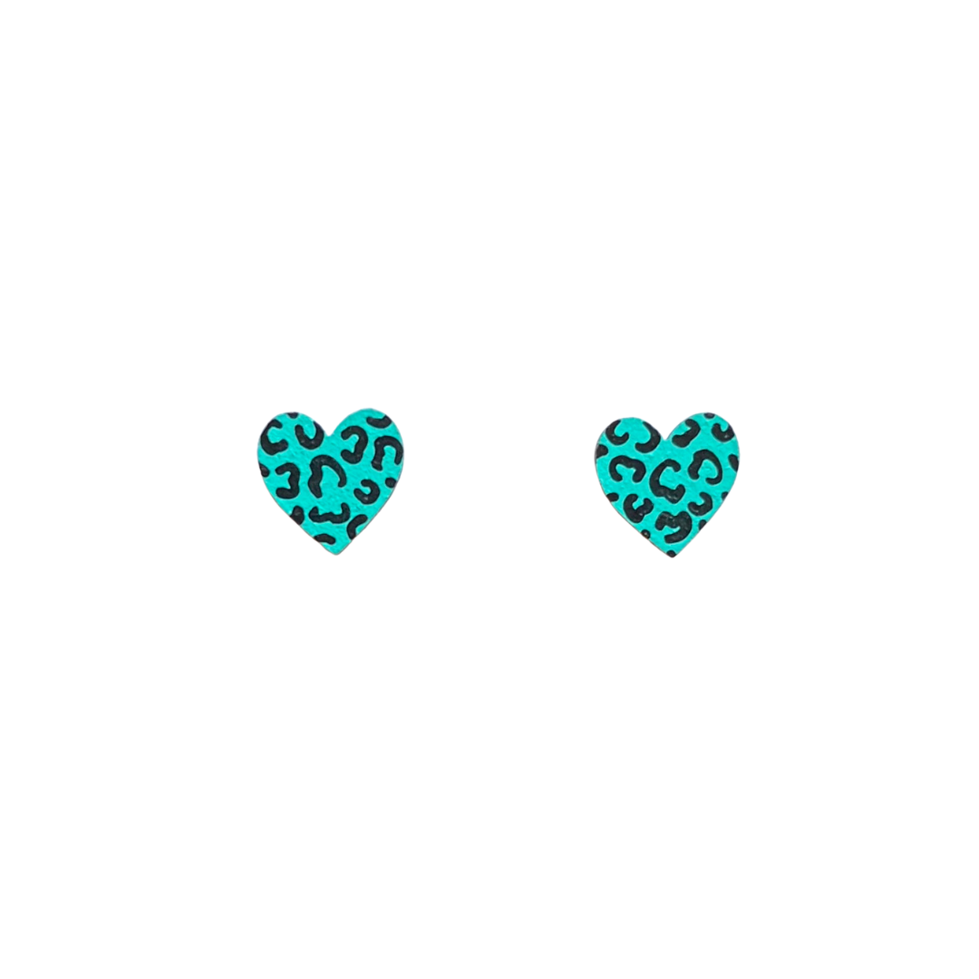 Ivy & Ginger - Mini teal and black leopard print heart stud earrings