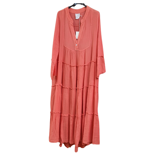 Tiered Coral Cheesecloth Maxi Dress