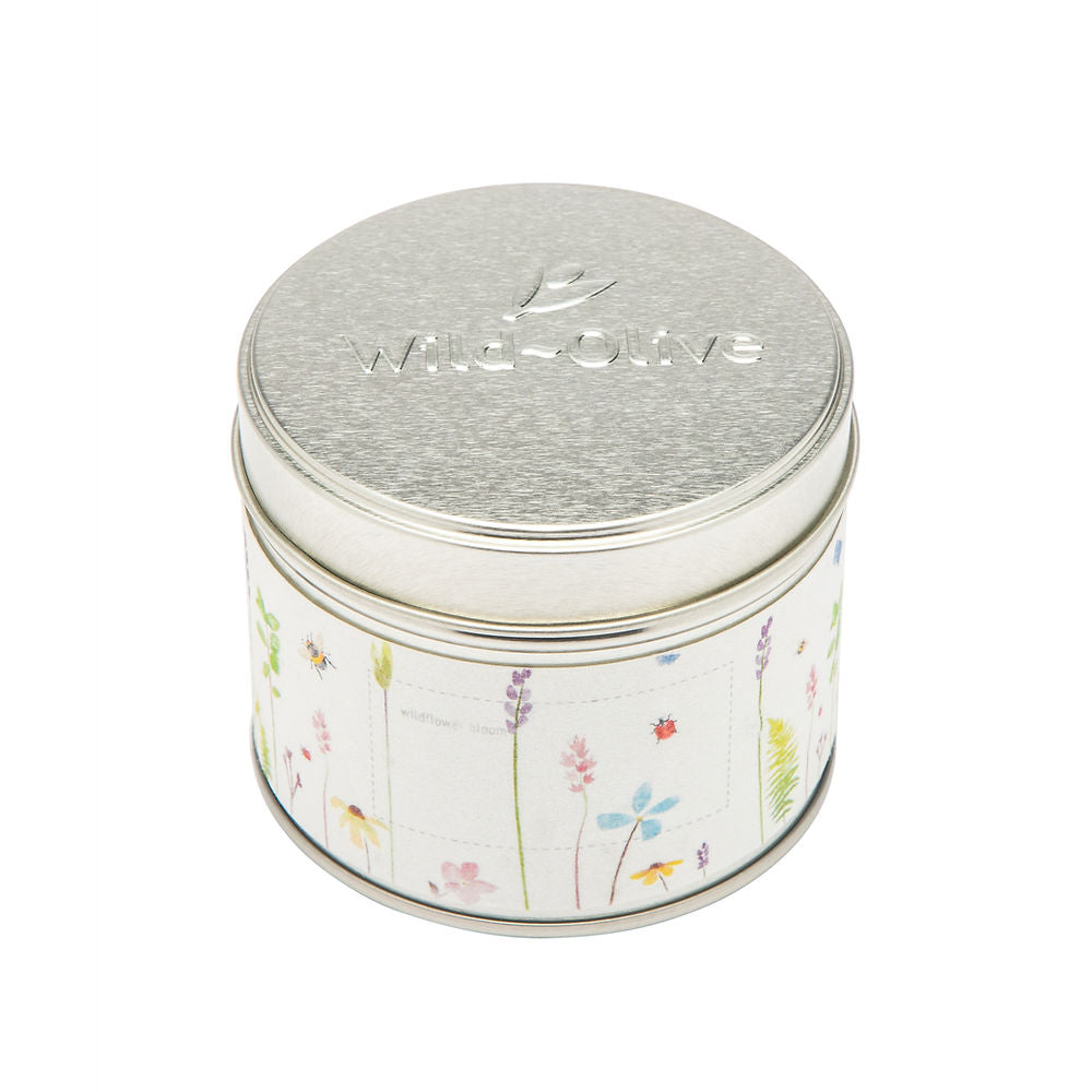 The Botanist Artisan Candle tin with pressed flowers - Wild Olive