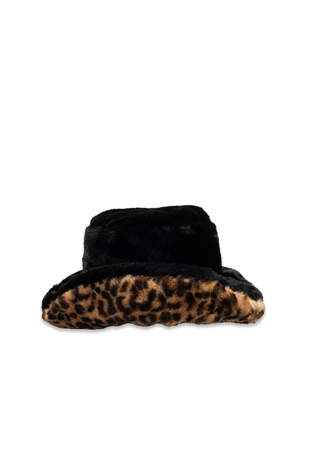 Fur Plush Bucket Hat in Black and Leopard
