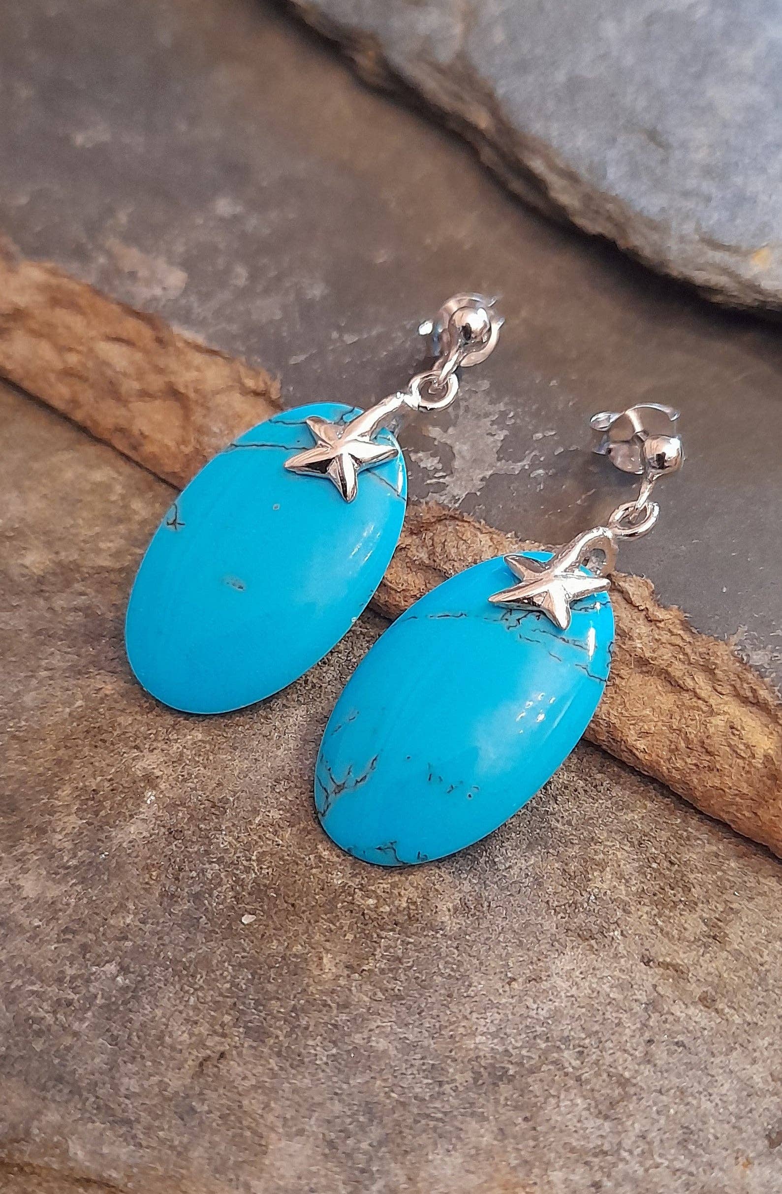 18X22MM BLUE TURQUOISE OVAL & STARFISH STUD EARRINGS