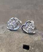 OUTLINE HEART WITH CLEAR CZ PAW EARRINGS 8 X 10MM