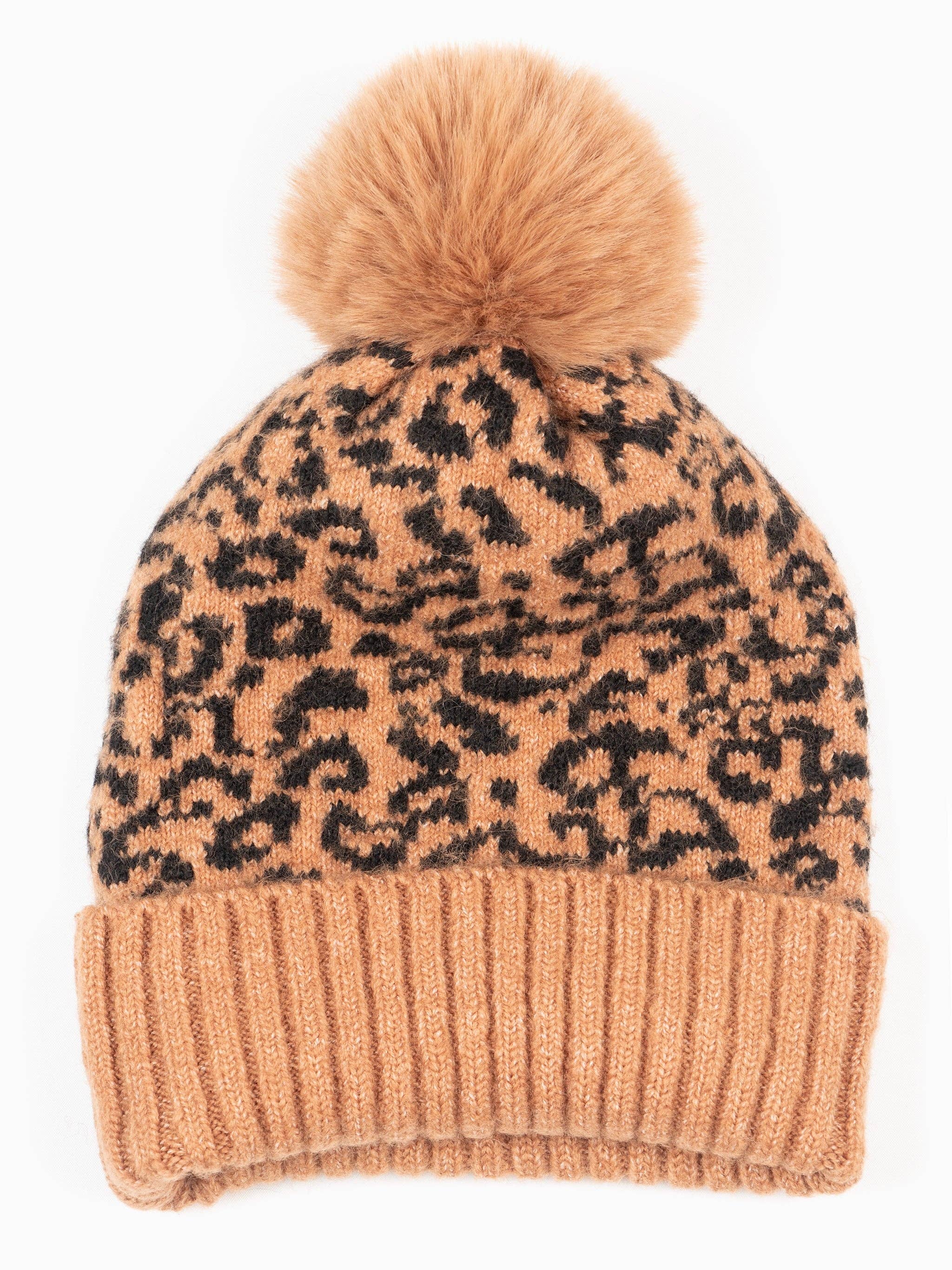 Ginger Pom Pom Hat - Camel, Leopard