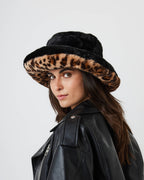Fur Plush Bucket Hat in Black and Leopard