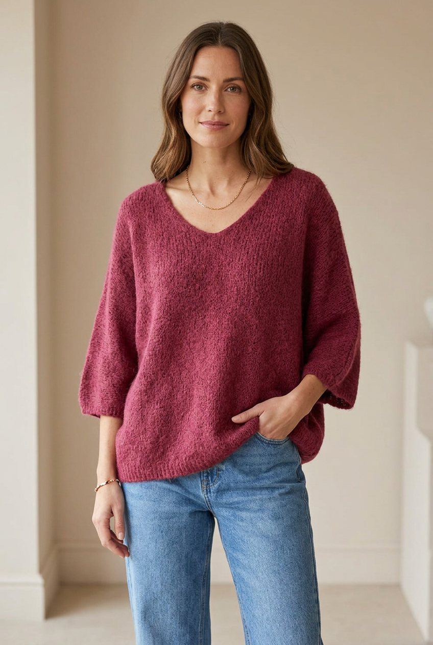 Berry batwing jumper styled on a model with a relaxed look