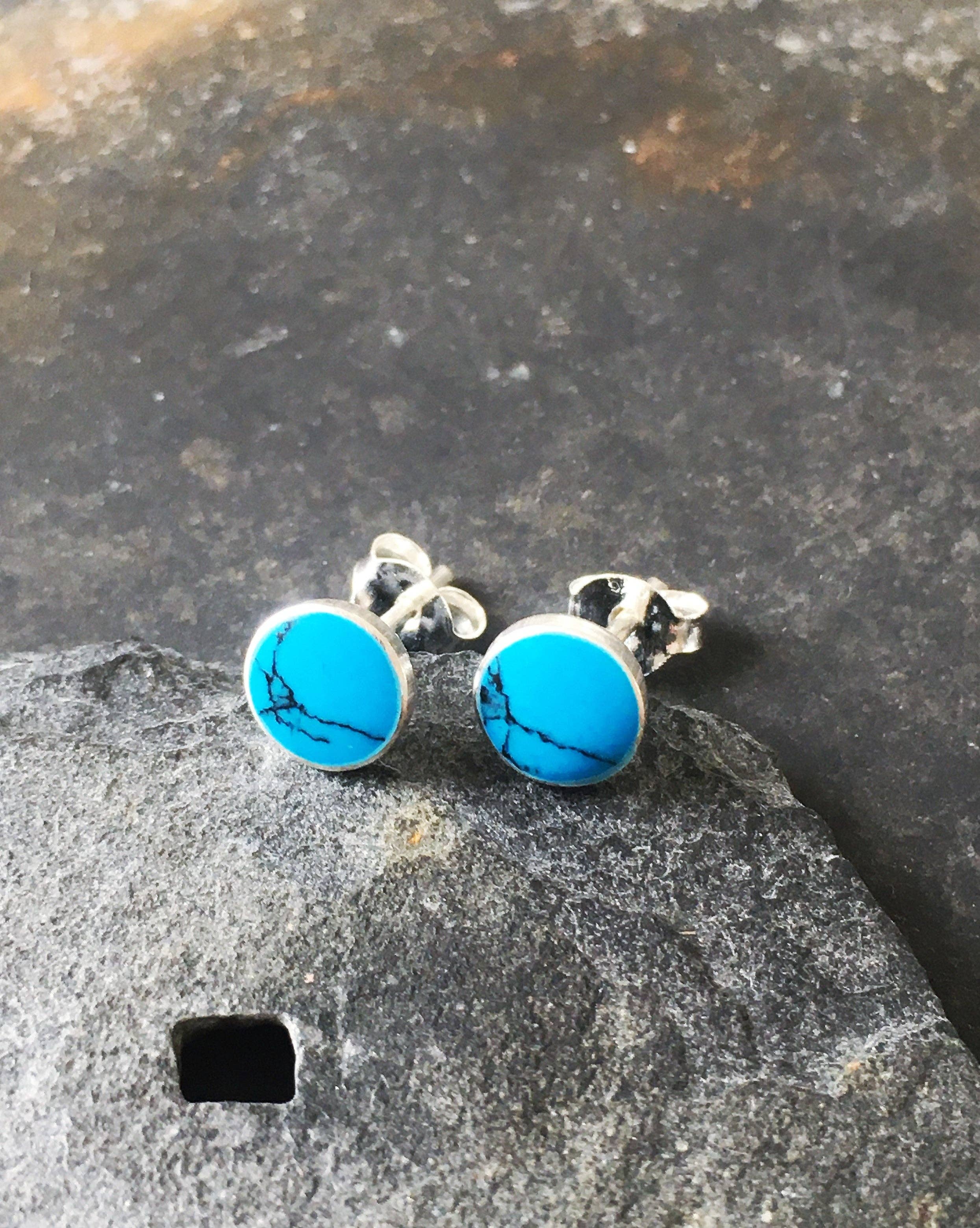Round Blue Turquoise Stud Earrings
