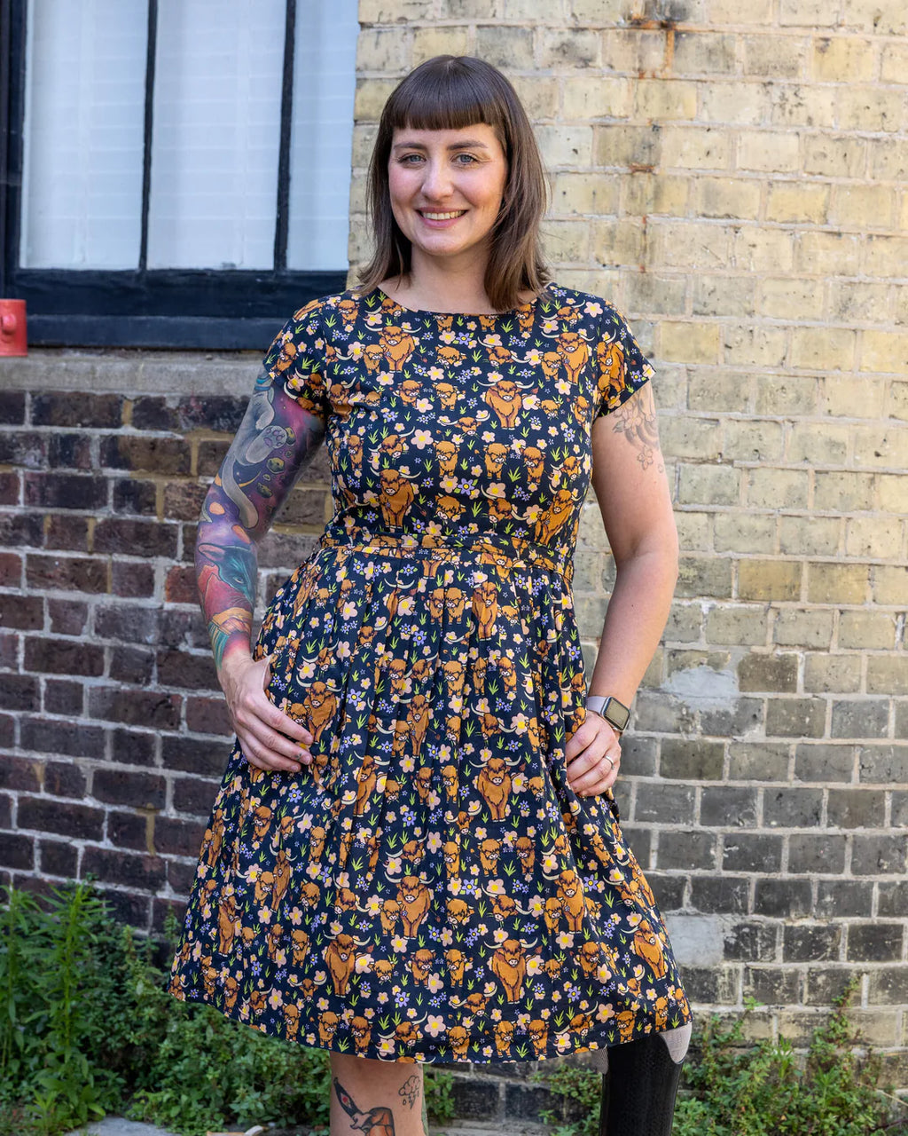 Highland Cows Stretch Belted Tea Dress with Pockets