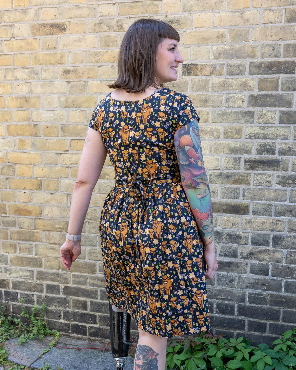Highland Cows Stretch Belted Tea Dress with Pockets