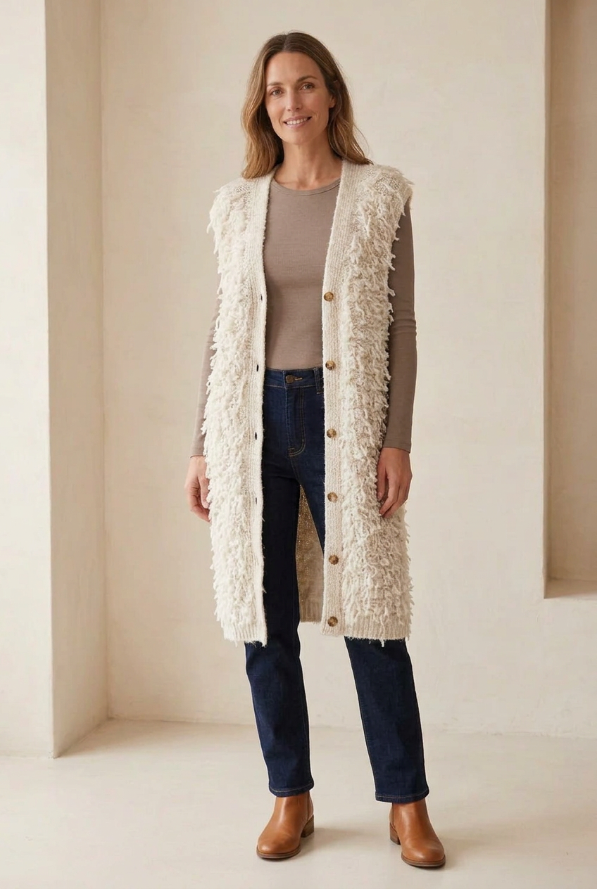 Cream cardigan worn open on the model