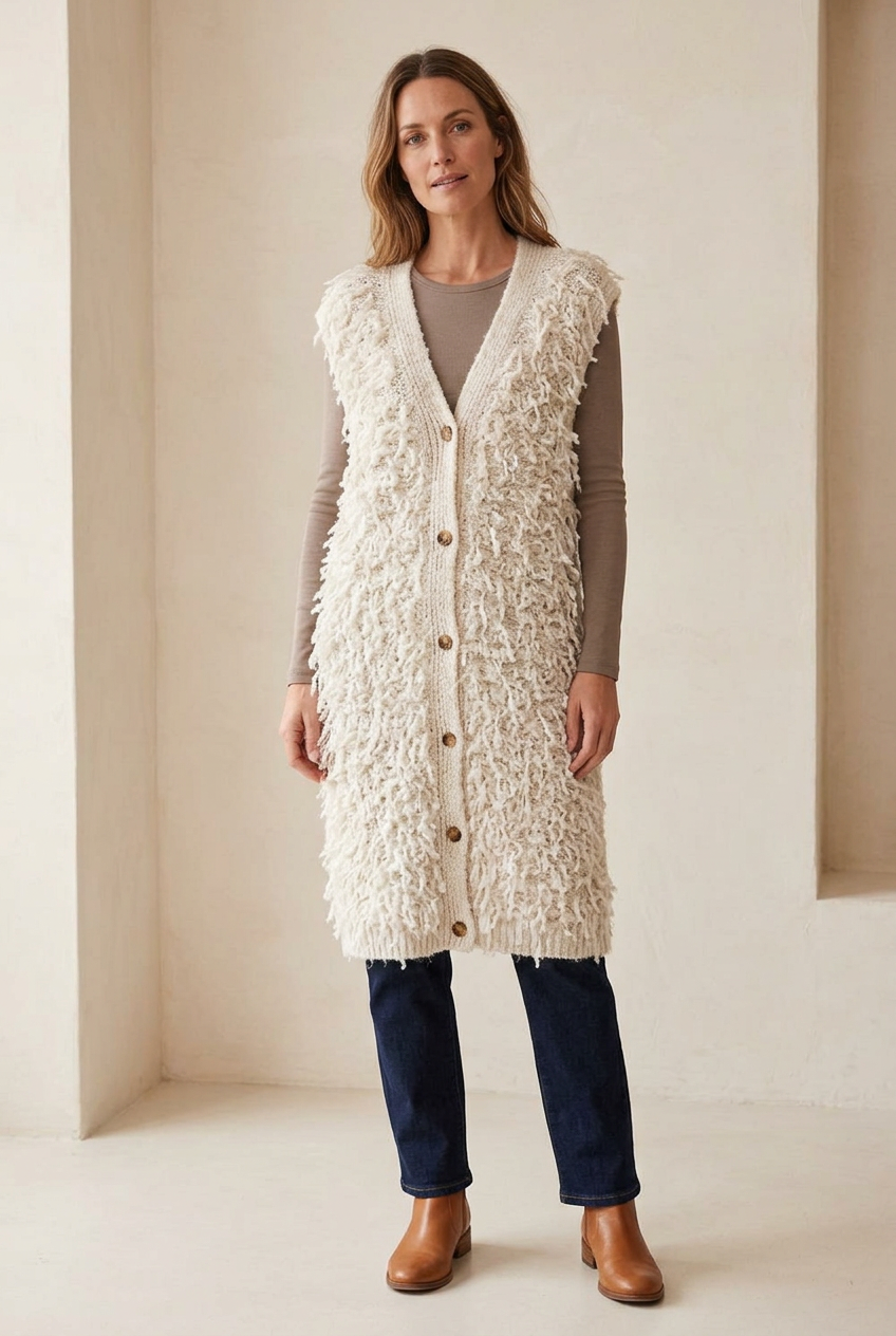 Cream textured cardigan styled on a model