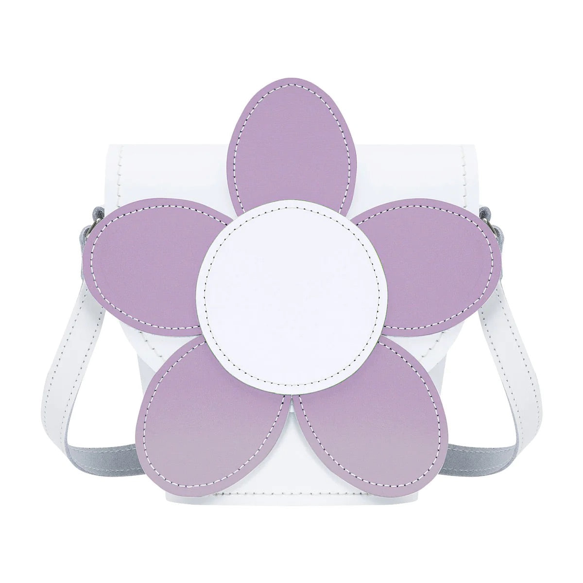 HANDMADE LEATHER DAISY BARREL BAG - WHITE & VIOLET