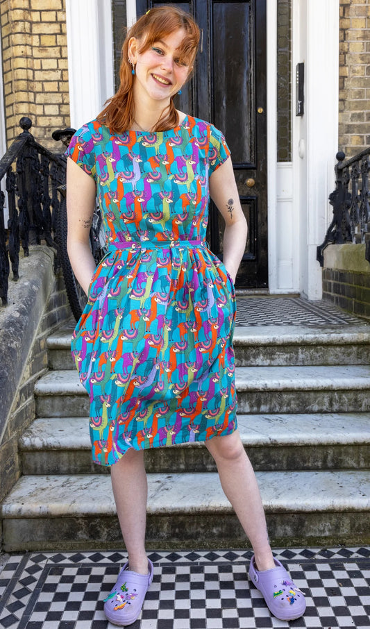 Party Llama Stretch Belted Tea Dress With Pockets