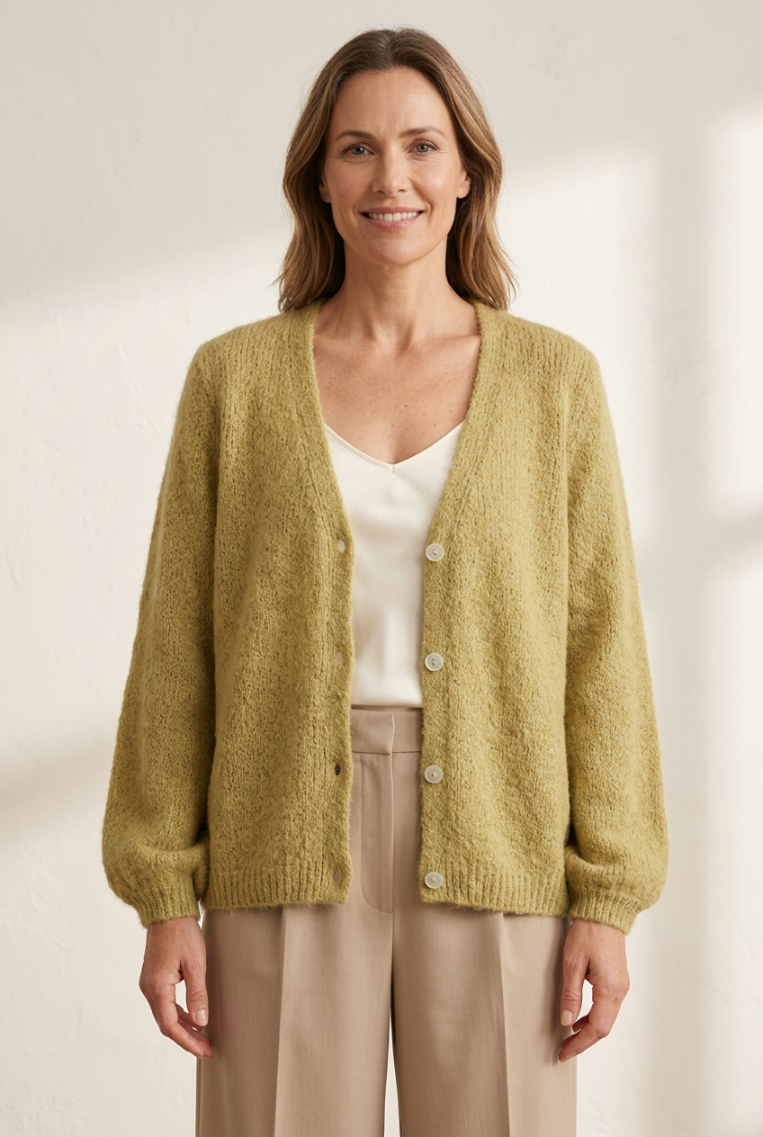 Light olive cardigan on a model
