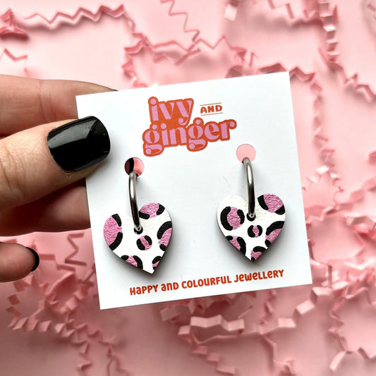 Ivy & Ginger - Metallic Pink Leopard Heart Hoop Earrings
