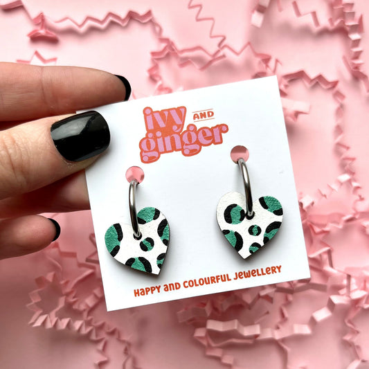 Ivy & Ginger - Metallic green leopard print small heart hoop earrings