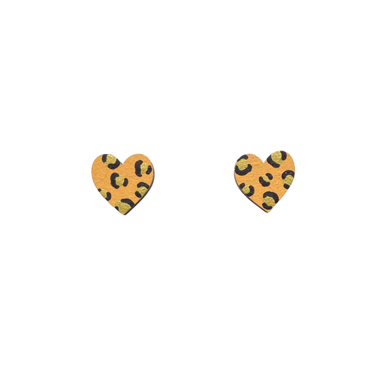 Ivy & Ginger - Mini leopard print heart orange and gold stud earrings